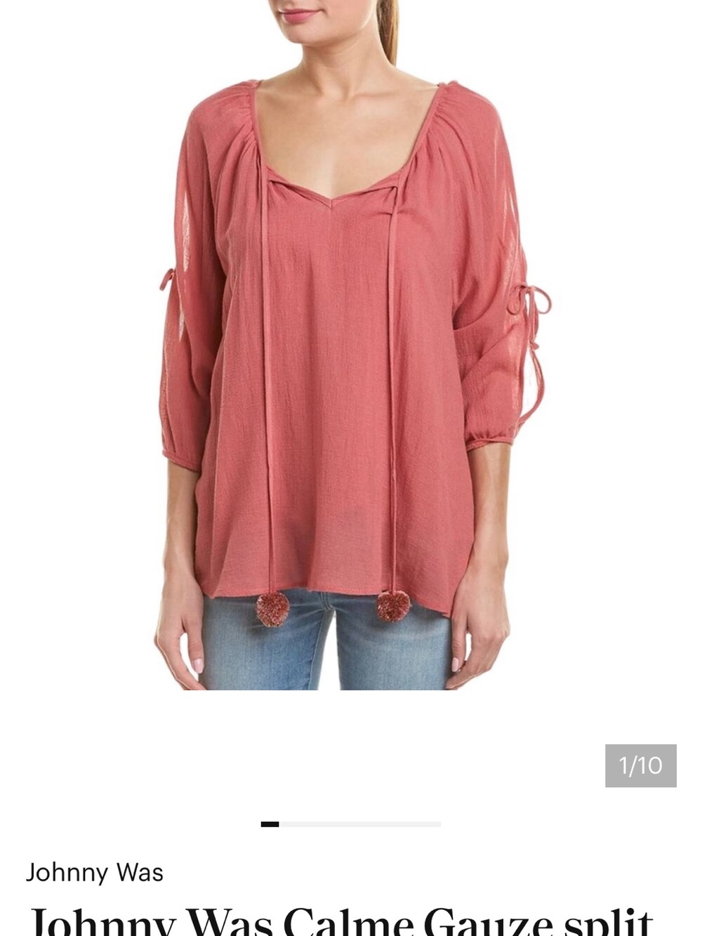 Johnny Was Calmé Guava Gauze Split Sleeve Pom-Pom Tassel Top NWT Size XS